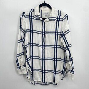 LIZ CLAIBORNE White Navy Blue Plaid Button Up Collared Oversized Top Small